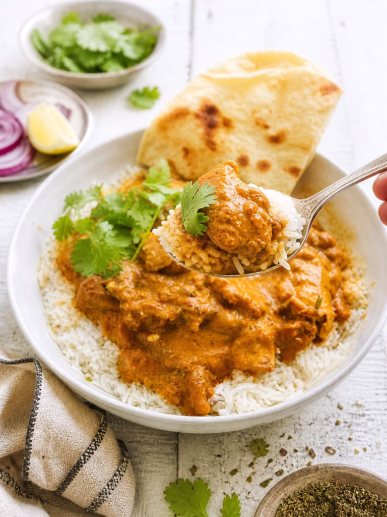 Spoon lifting dhaba style chicken curry with rice above a bowl of basmati rice, naan and fresh coriander on a white timber background