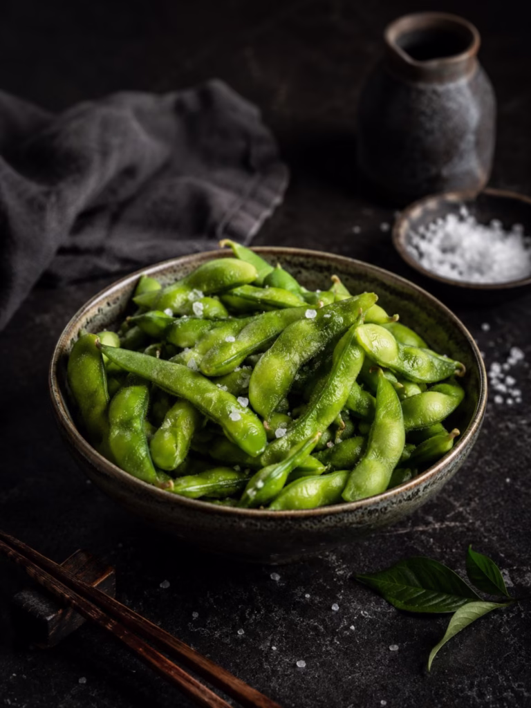 edamame in grey bowl with moody background and sea salt.