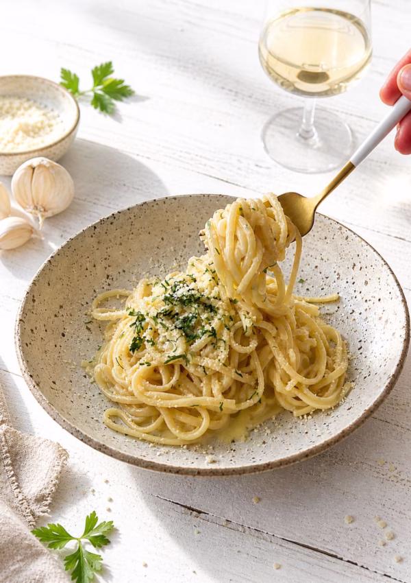 Creamy garlic butter pasta in a speckled bowl on a white rustic timber table, topped with parmesan and herbs, with a fork lifting spaghetti and a glass of white wine in the background