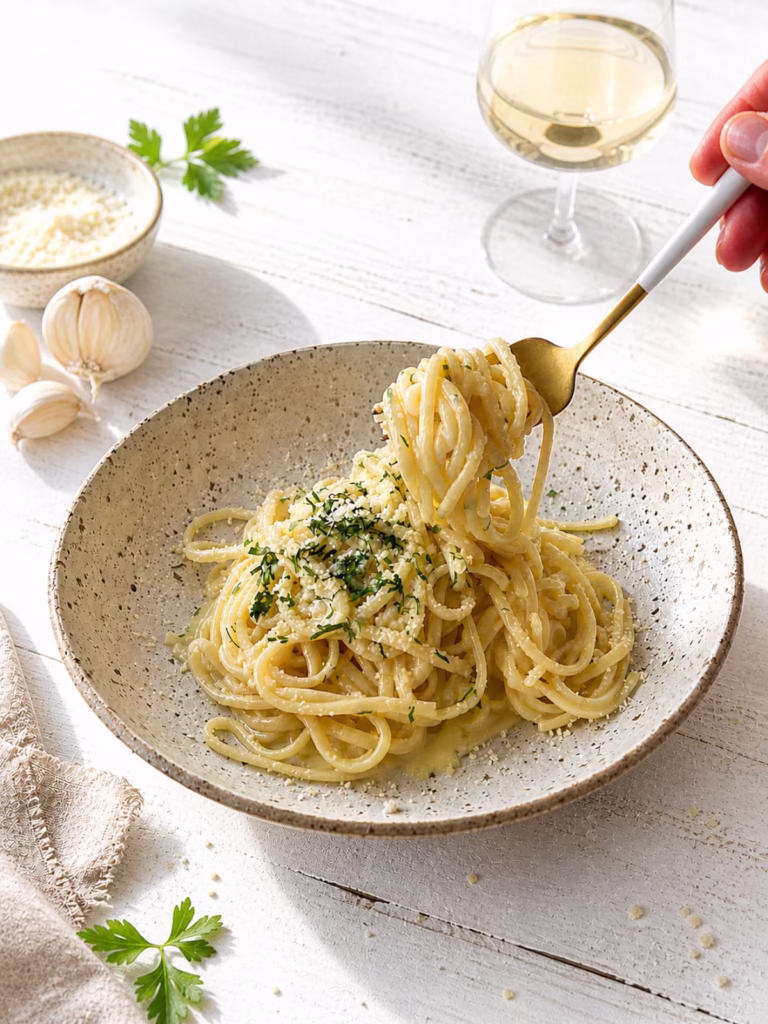 Creamy garlic butter pasta in a speckled bowl on a white rustic timber table, topped with parmesan and herbs, with a fork lifting spaghetti and a glass of white wine in the background