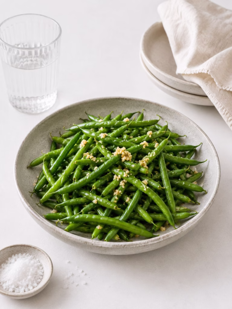 natural stone bowl filled with garlic green beans and props around it. white background