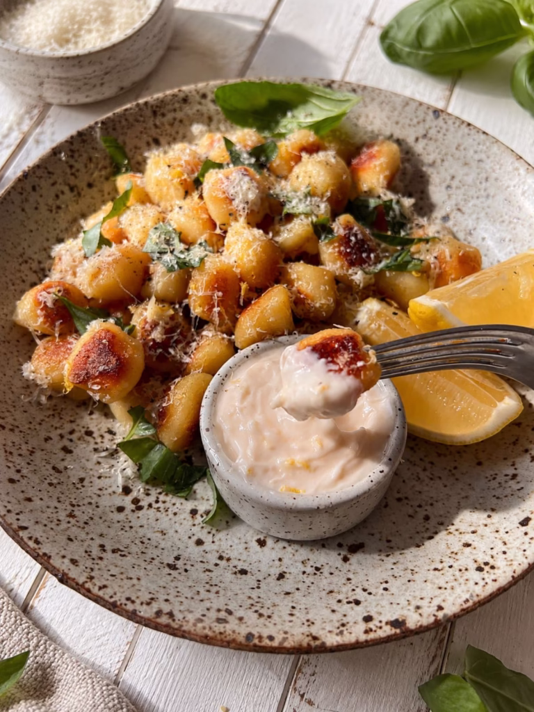 Close up of crispy golden gnocchi topped with parmesan and basil on a speckled ceramic plate, served with creamy lemon dip and fresh lemon wedges on a white timber background.