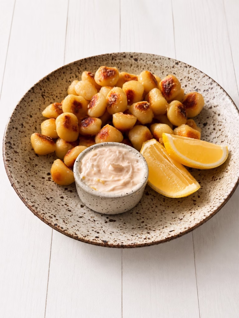 Crispy pan fried gnocchi served in a speckled ceramic bowl with creamy lemon aioli and fresh lemon wedges on the side.