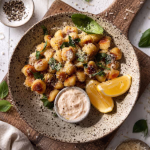 Crispy lemon parmesan gnocchi served in a speckled ceramic bowl on a rustic wooden board over a white timber background.