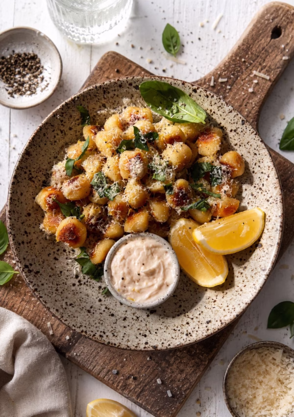 Crispy lemon parmesan gnocchi served in a speckled ceramic bowl on a rustic wooden board over a white timber background.