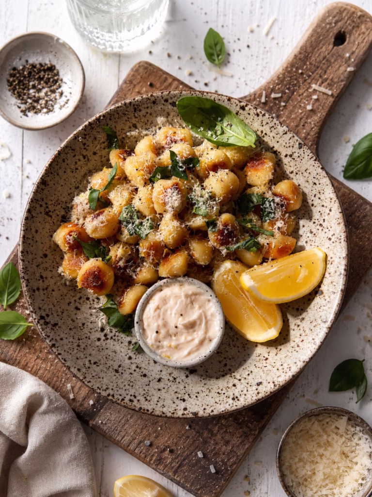 Crispy lemon parmesan gnocchi served in a speckled ceramic bowl on a rustic wooden board over a white timber background.