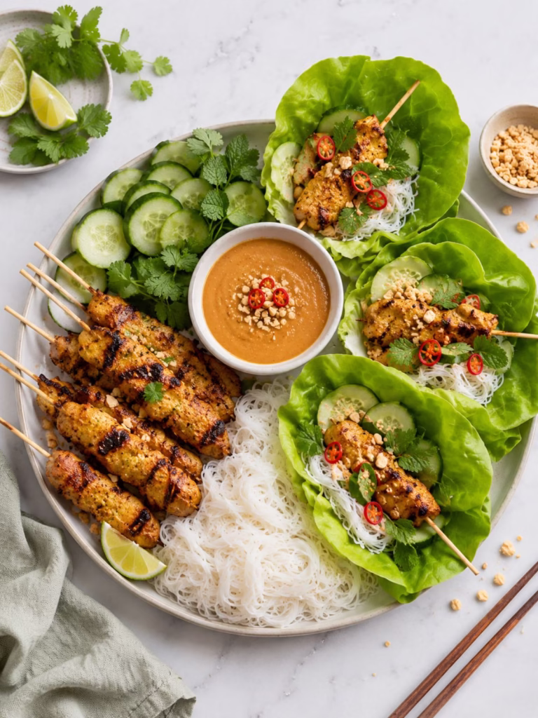 Chicken satay skewers served with rice noodles, lettuce cups, cucumber, fresh herbs and creamy satay sauce.