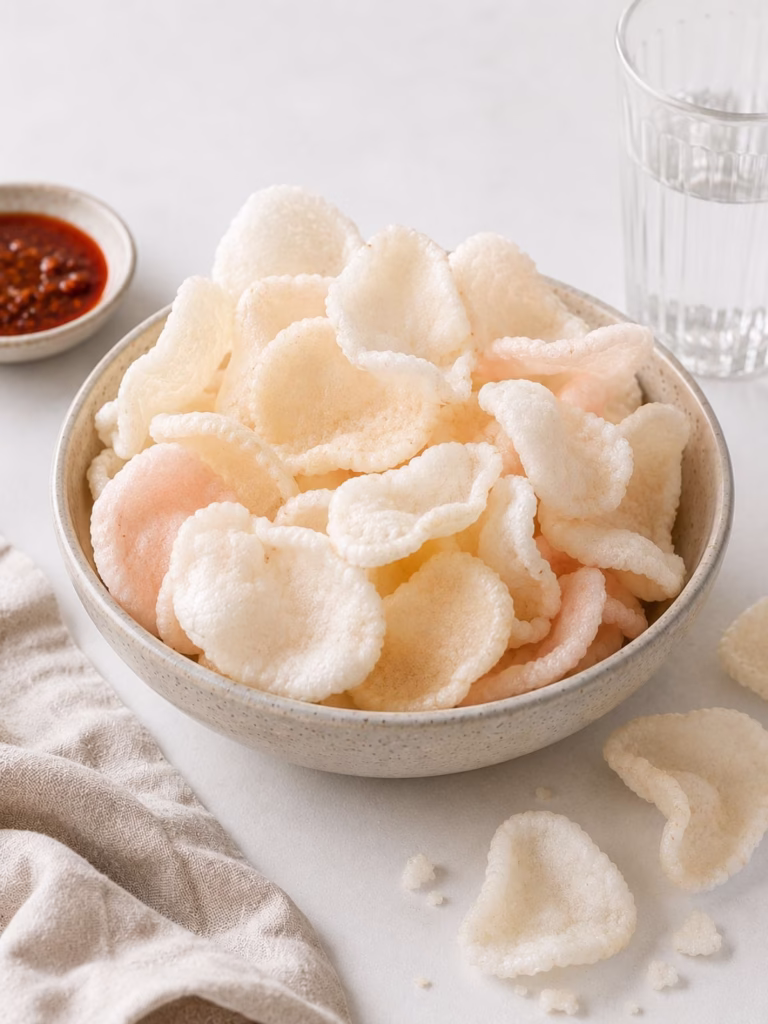 stone bowl filled with prawn crackers