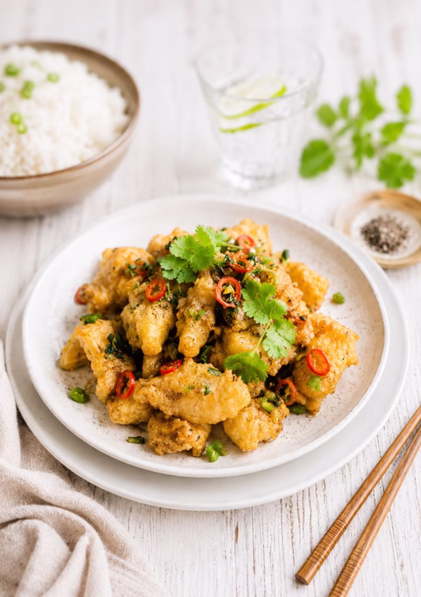 Crispy salt and pepper chicken served on a white plate with fresh chilli, coriander and spring onion, styled on a rustic white timber table with chopsticks, steamed rice and a lime water in soft natural light.