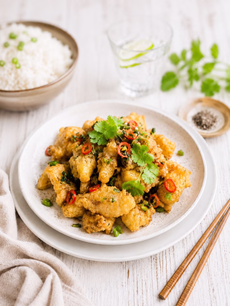 Crispy salt and pepper chicken served on a white plate with fresh chilli, coriander and spring onion, styled on a rustic white timber table with chopsticks, steamed rice and a lime water in soft natural light.