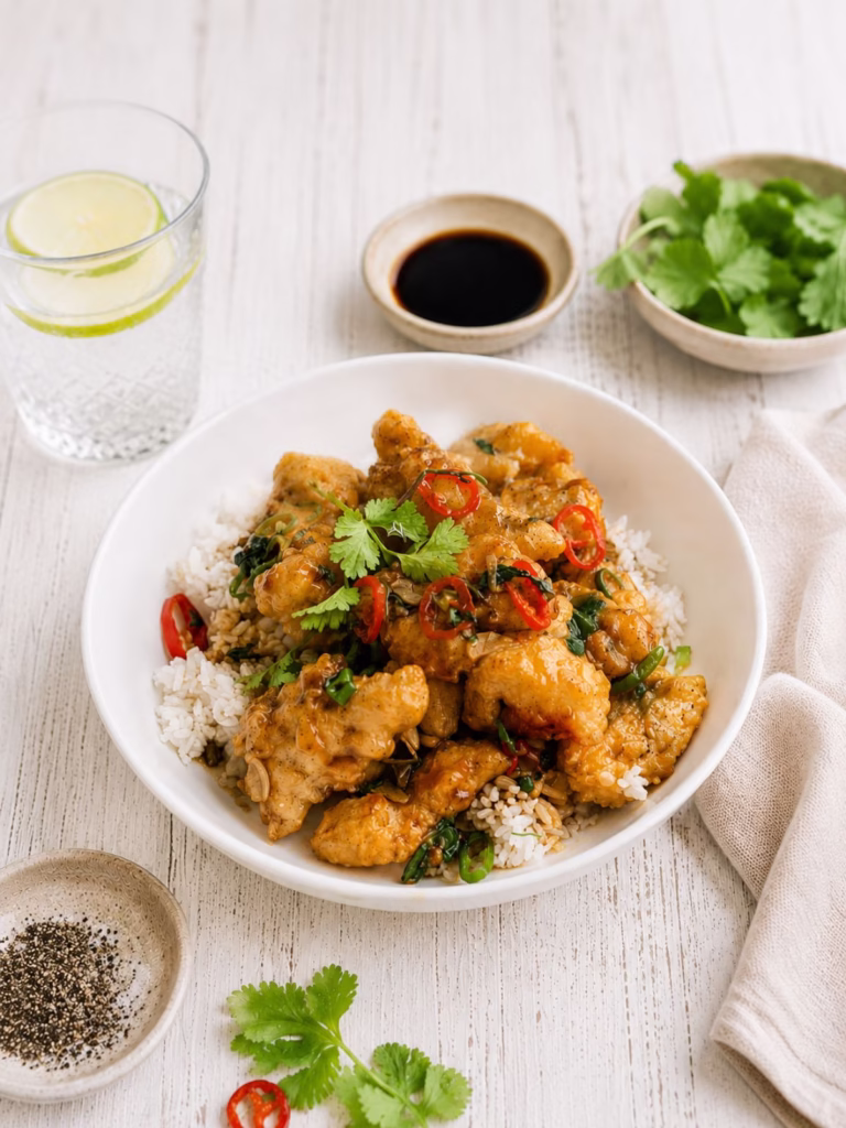 Crispy salt and pepper chicken served over rice in a white bowl on a rustic white timber table, garnished with fresh chilli, coriander and spring onion, with dumpling sauce.