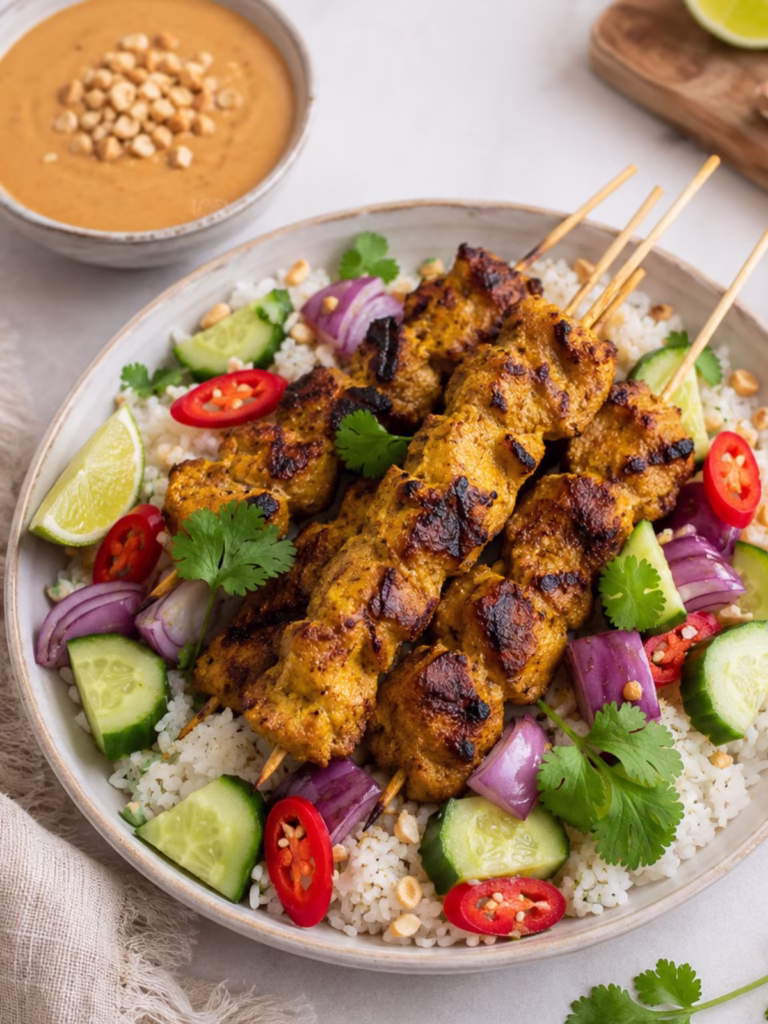 Chicken satay skewers served over rice with cucumber, red onion, fresh red chilli, coriander and creamy satay sauce.
