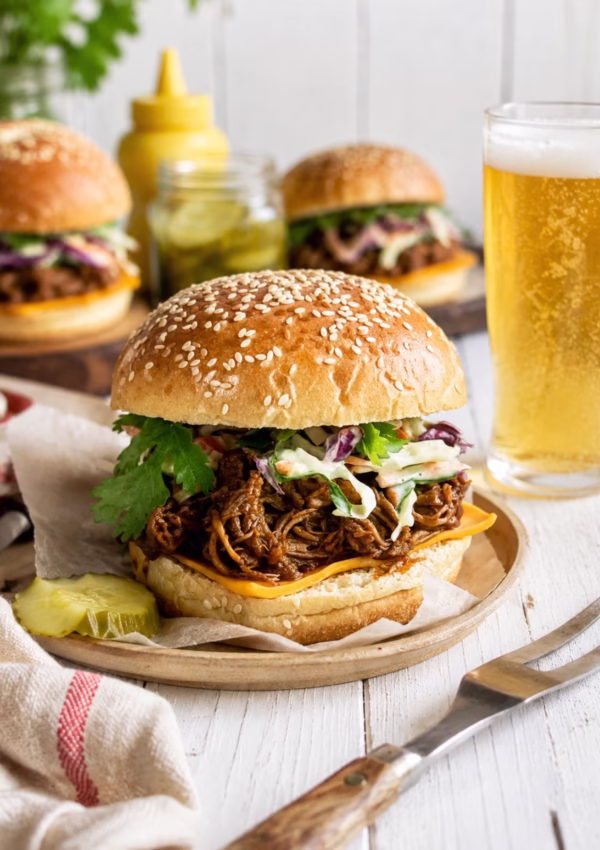 Slow cooker pulled pork burger with creamy coleslaw and melted cheese served with beer on a rustic white timber table.