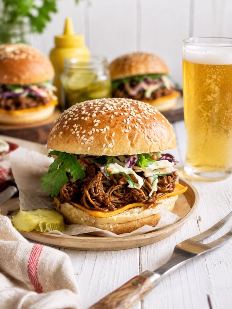 Slow cooker pulled pork burger with creamy coleslaw and melted cheese served with beer on a rustic white timber table.