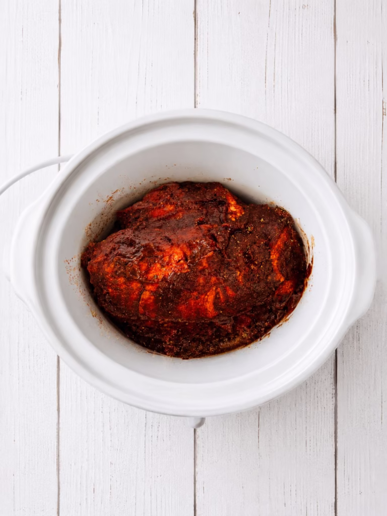 Seasoned pulled pork in the slow cooker getting ready to be slow cooked on a white timber background.