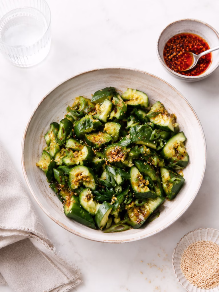 neutral bowl with smashed cucumber salad and props on a white background