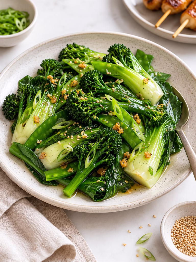 plate topped with mixed steamed asian greens